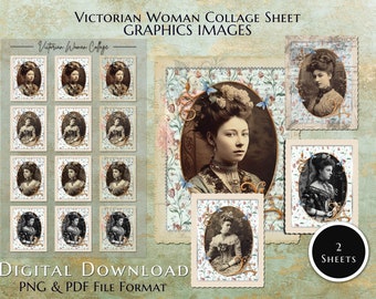 Pretty Victorian Women Collage Sheets, Antique Scrapbook Junk Journal Page Decoupage, Vintage Ladies, Printable, Old Handwriting Frames