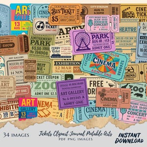 Bundle med vintagebiljetter, 34 PNG- och PDF-bilder för skräpjournaler, scrapbooking och utskrivbar konst