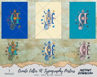 Póster tipográfico con la letra A ornamentada y paquete de arte del alfabeto: descarga digital instantánea