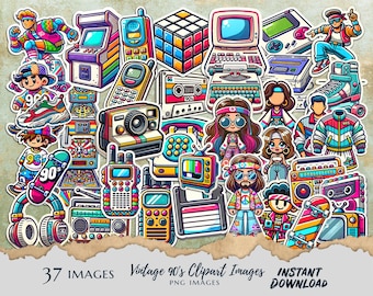 Retro 90s Digital Clipart Collection - 37 Vintage PNG Images for Crafts & Design - Instant Download