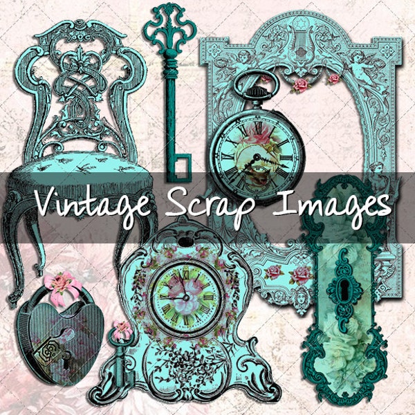 vintage Shabby Chic Scrap Image Illustrations - chaise, montre de poche, cadre, clé, cadenas, serrure de porte - INSTANT DIGITAL DOWNLOAD