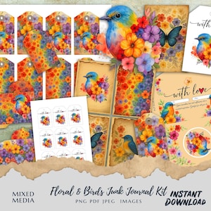 Floral and Birds Junk Journal Kit | Digital Download | Vintage Ephemera Tags, Envelopes, Papers, Gift Labels & More – PNG PDF JPEG