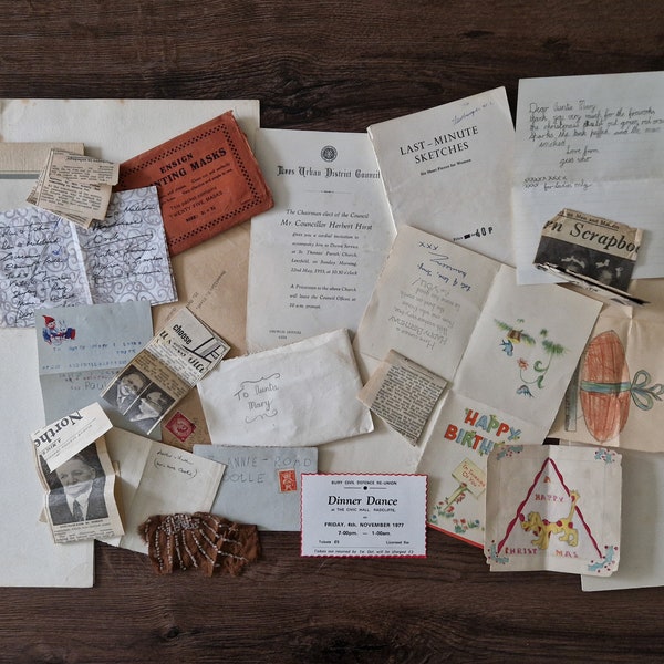 Vintage ephemera Job Lot: old paper, birthday card, news paper cut out, stamp, envelope, invitation, etc.