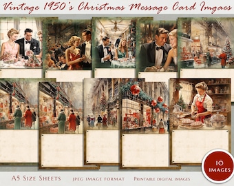Vintage 1950's Christmas Images Message Cards, A5 Size, Digital Sheet, 10 Digital Images For Instant Download