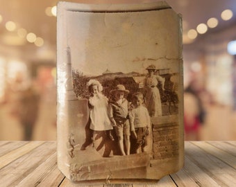 Vintage Old Small Photograph, Family Portrait, Group Of Children With A Woman, Sepia Colour, Dated July 1908