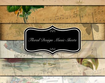 Vintage Floral Design Music Sheet Set - Digital Collage Sheet for scrapbook project - Instant Download