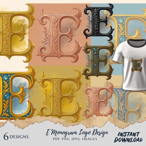 Design de logotipo com monograma E | 6 ilustrações luxuosas da letra E vintage | Download digital instantâneo | Arquivos PNG, JPEG e PDF para impressão