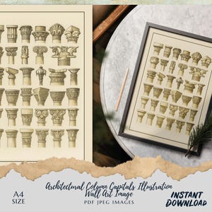 Könnte beinhalten: Gerahmter Kunstdruck mit einer architektonischen Illustration von Säulenkapitellen. Das Kunstwerk in Sepia-Tönen zeigt detaillierte Zeichnungen klassischer architektonischer Elemente. Der Druck trägt den Titel "Architectural Column Capitals Illustration".