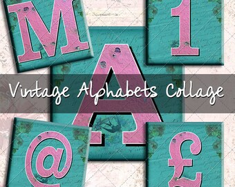 May include: A collage of vintage alphabet tiles with a turquoise background and pink letters. The letters include M, A, 1, @, and £. The title "Vintage Alphabets Collage" is displayed below the tiles.