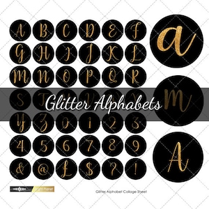 May include: A collage sheet of black circles with gold glitter alphabet letters and numbers. The text "Glitter Alphabets" is displayed in the center. Includes symbols and the Bright Planet logo.