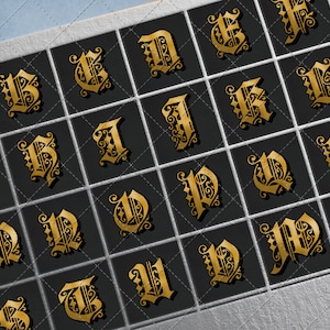 Alphabet Collage Sheet: Gold On Black Old English Alphabet, Numbers, Clip Art, 42 square tiles on 1 sheet, jpeg png Instant Digital Download
