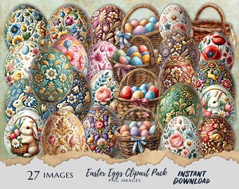 Easter Eggs and Basket Clipart Pack 27 PNG Images Instant Digital Download Easter Festive Graphics Art