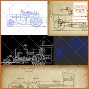 May include: A vintage line drawing illustration of a steam engine. The drawing is in blue lines on a white background. The engine is labeled "The Double + Mockh" and has a bell on the front.