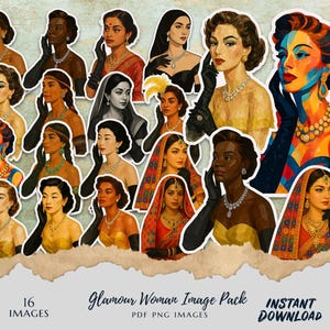 Pacchetto di immagini di donne glamour / Adesivi glamour vintage / Clipart di donne retrò / Download immediato PNG PDF / Diversi ritratti di moda eleganti
