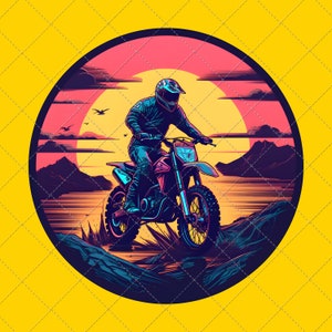 May include: A digital illustration of a person riding a dirt bike on a dirt track at sunset. The person is wearing a helmet and goggles. The dirt bike is blue and black. The background is a sunset with clouds and mountains.