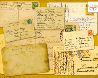 Juego de postales vintage escritas a mano de 10 antigüedades digitales Imprimibles artesanía efímera descarga instantánea digital, 300 dpi, formato de imagen png