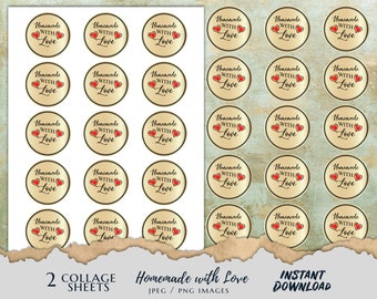 May include: Two sheets of printable labels with a gold background and red hearts. Each label says "Homemade with Love".
