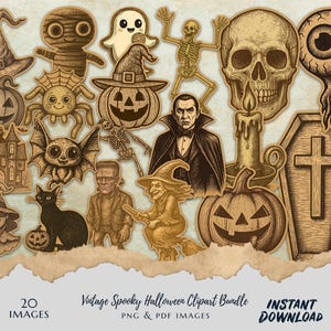 May include: A selection of sepia-toned vintage Halloween clip art. The images include a witch's hat, pumpkin, spider, ghost, skeleton, skull, vampire, Frankenstein, witch on a broom, black cat, and a haunted house.