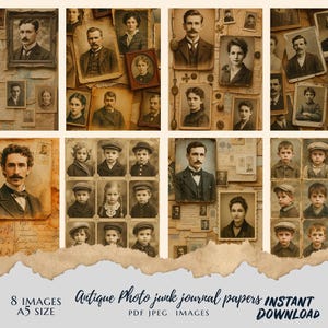 Vintage Photos Printable Junk Journal Pages – Instant Download | 8 A5 Collage Sheets | Antique Sepia Portrait Ephemera
