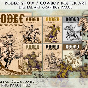 Western Rodeo Show Poster Designs & Elements, Wild West cowboy printable digital paper, old paper texture scrapbooking, instant download