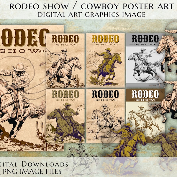 Western Rodeo Show Poster Designs & Elements, Wild West cowboy printable digital paper, old paper texture scrapbooking, instant download