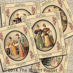 5 x Vintage Victorian Fashion Illustrations Digital Image - Instant Digital Download