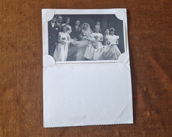 Antique Vintage Photograph In a Paper Photo Holder, Wedding Photo Bridesmaids with Bride and Groom and other wedding guests, Black & White