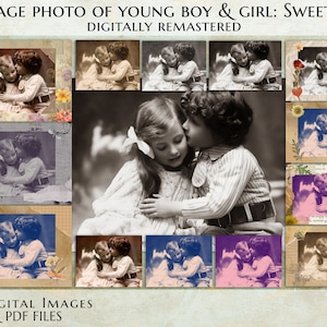 Imágenes de álbumes de recortes de fotos vintage Encantador niño y niña dulce beso romántico diario basura Foto Digital Descargar tamaño A5 formatos JPEG PDF