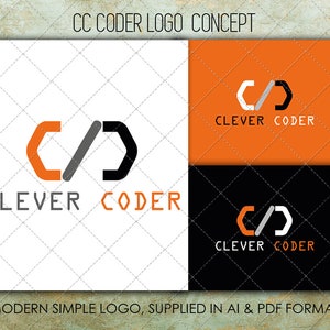 Peut inclure: Un concept de logo pour une entreprise appelée "Clever Coder". Le logo présente un symbole de crochet de code stylisé orange et noir. Le texte "Clever Coder" est écrit en noir sous le symbole.