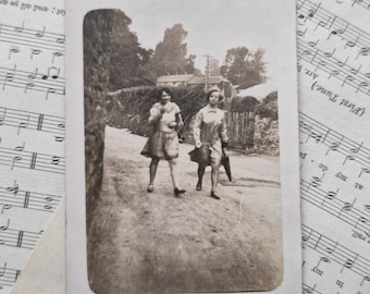 Vintage Old Small Photograph, 2 Young Woman With Umbrella Walking On A Dirt Road, Sepia Colour, Date Uknown