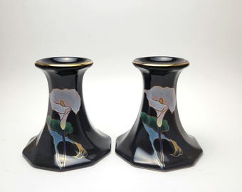 Vintage Toyo Japan Black Porcelain Candlestick Holders – Calla Lily Gold Trim Pair