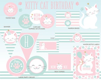 Kitty Cat Birthday Decorations, INSTANT DOWNLOAD, Kitten Party Package
