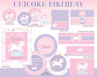 INSTANT DOWNLOAD - Unicorn Birthday Decorations for a magical girls party. Pink and purple and wishing stars for a majestic unicorn.