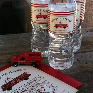 Vintage Fire Truck Birthday Invitation with a dalmatian fire dog driving a firetruck with burned edges and red stripes. Sound the alarms image 3