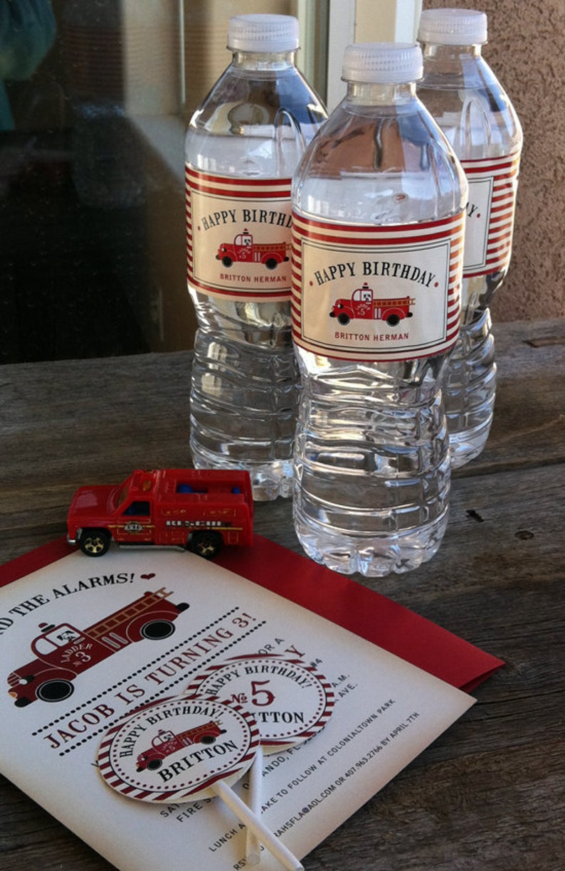 Vintage Fire Truck Birthday Invitation with a dalmatian fire dog driving a firetruck with burned edges and red stripes. Sound the alarms image 3