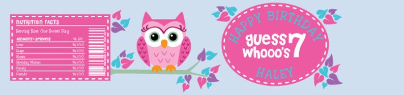 Owl Birthday Party Invitations for first or second birthday. A pink owl sitting in a tree. With pink, purple and aquamarine. What a hoot image 4