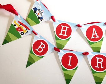 INSTANT DOWNLOAD - Transportation Happy Birthday Banner with police car, firetruck, airplane and school bus.  Perfect for a 2nd or 3rd b-day