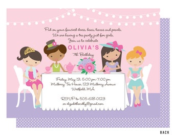 Girls Tea Party Invitation, Dress Up Tea Invitations,  Tea for Two, Boas, Pearls and Hats, Printed or Printable