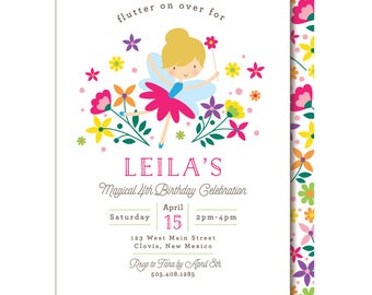 Fairy Garden Birthday Party Invitation, with bright wild flowers and fairy with a tutu magic wand and wings.