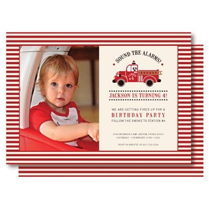 Vintage Fire Truck Photo Birthday Invitations, Fireman Birthday Invitation, Printable or Printed image 1