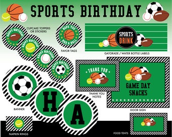 INSTANT DOWNLOAD - Sports Birthday Party Package. Soccer, Football, Baseball, Basketball, and tennis themed party accessories & decorations.