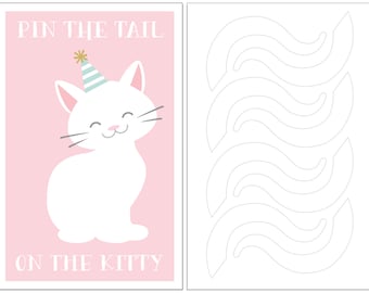 INSTANT DOWNLOAD - Pin the Tail on the Kitty Cat birthday party game.  A happy, white kitten, on a pink back ground, waiting for a tail!