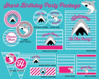 INSTANT DOWNLOAD - Girl Shark Birthday Party Package, Pink Birthday, Shark Party Printables, Shark Printables, Shark Bite