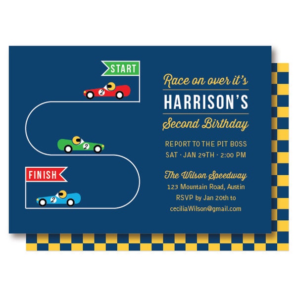 Race car invitation for a speed racer birthday party!  Perfect for NASCAR fans.  With sports cars, a finish line, and checkered flag backer.