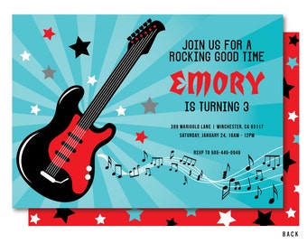 Rock Invitation, Rock and Roll Birthday Invitations, Guitar Party Invites, Rock Star,  Printable or Printed