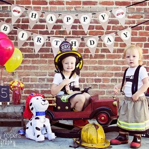 Vintage Fire Truck Birthday Invitation with a dalmatian fire dog driving a firetruck with burned edges and red stripes. Sound the alarms image 6