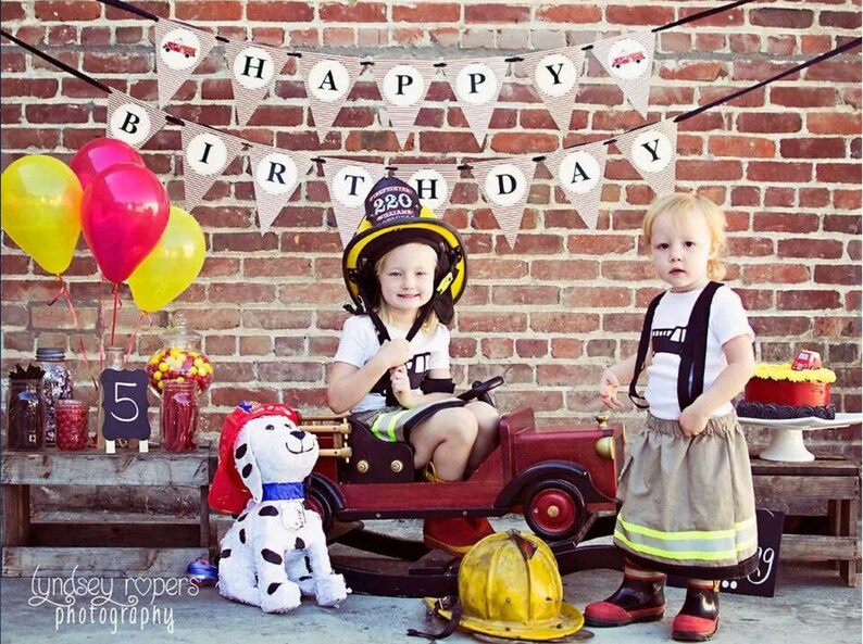 Vintage Fire Truck Birthday Invitation with a dalmatian fire dog driving a firetruck with burned edges and red stripes. Sound the alarms image 6