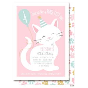 Cat Birthday Invitation, Kitty Cat Birthday Party, Pink Kitten, Printable or Printed