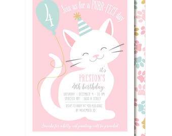 Cat Birthday Invitation, Kitty Cat Birthday Party, Pink Kitten, Printable or Printed