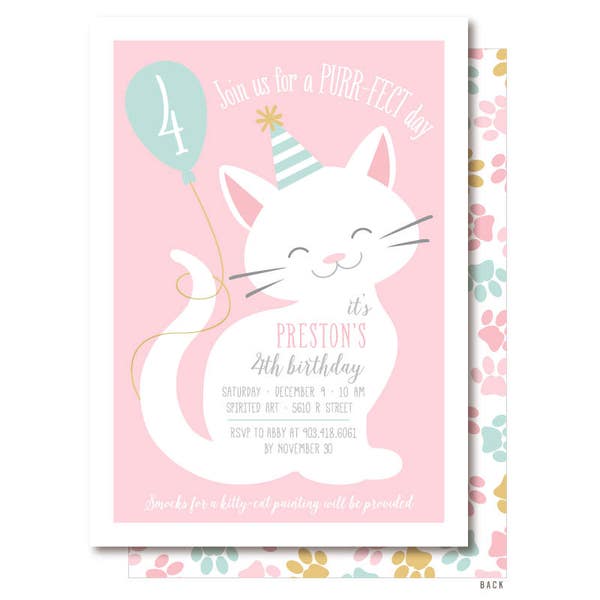 Cat Birthday Invitation, Kitty Cat Birthday Party, Pink Kitten, Printable or Printed